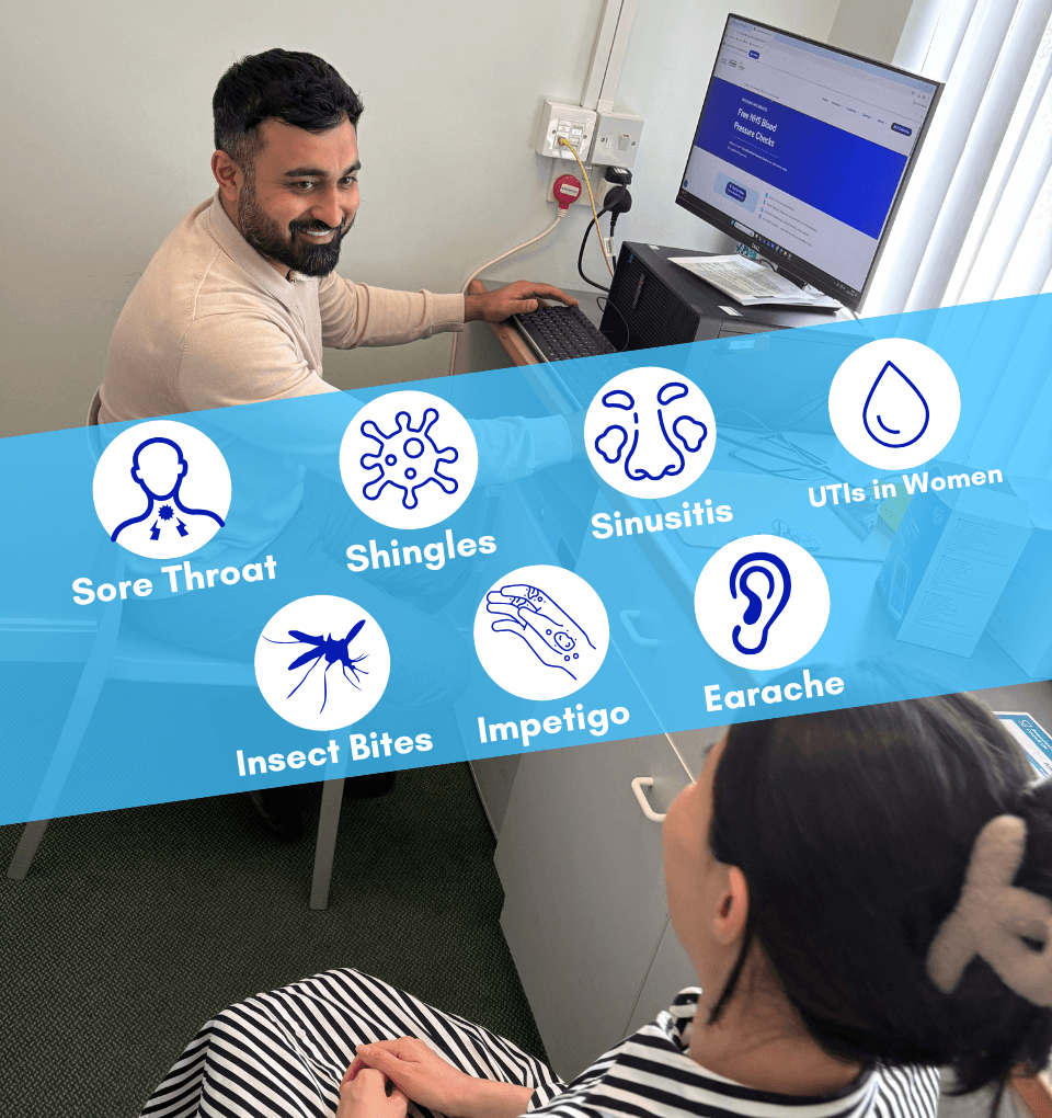 Pharmacy First in Northumberland A photo depicting a friendly consultation. We can treat: Sore Throat, Shingles, Sinusitis, UTIs in Women, Insect Bites, Impetigo and Earache, subject to eligibility.