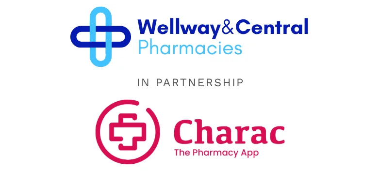 WCCharac Wellway and Central Pharmacies, in partnership with Charac - the Pharmacy App. Logos for both companies are present.