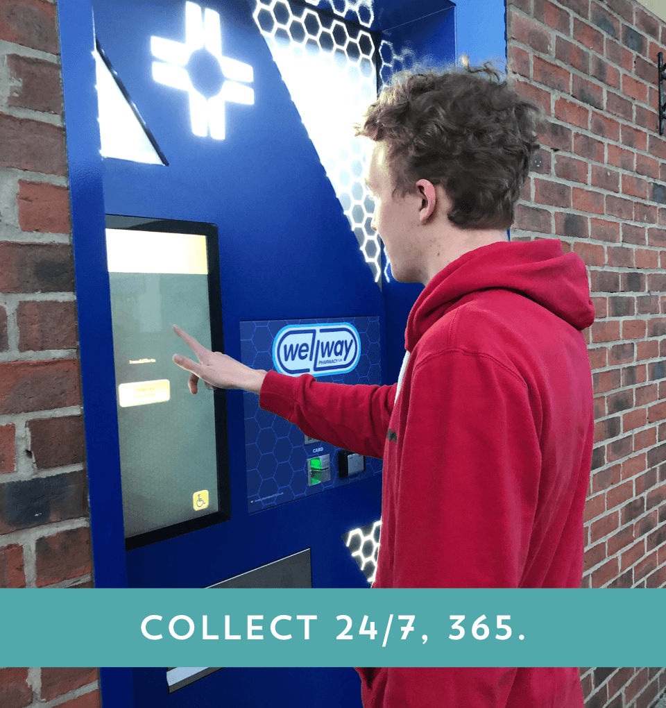 A person tapping the screen of Wellway Pharmacy Morpeth's 24/7 collection point, which is illuminated in the background. Text overlay says 'collect 24/7, 365.'