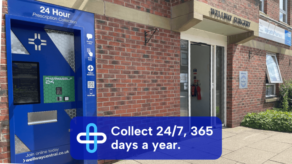 An exterior image of Wellway Pharmacy Morpeth, with the 24/7 collection point 'pharmaself' in the foreground, and the building extends to the left with Morpeth Pharmacy and Wellway Surgery visible. A text overlay with wellway and central pharmacies logo reads 'Collect 24/7, 365 days a year'.