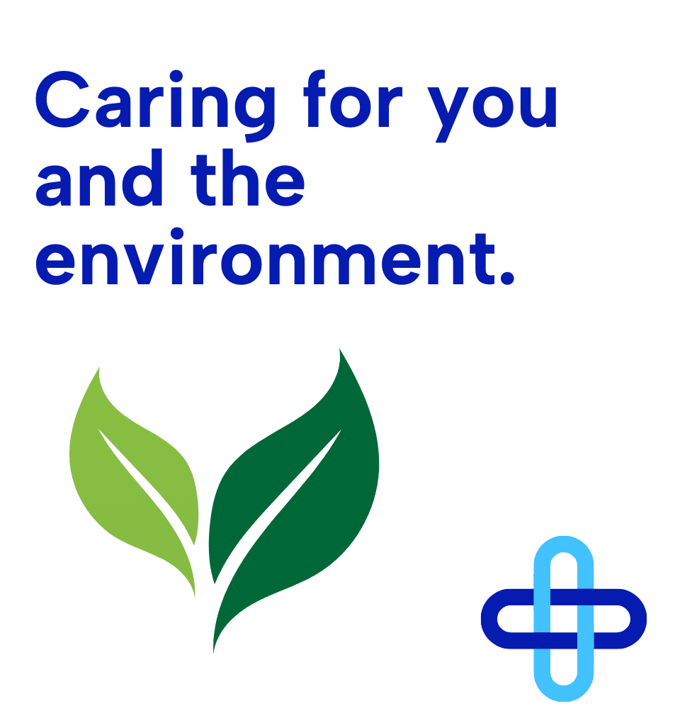 Graphic showing green leaves with text: Caring for you and the environment. Wellway and Central Pharmacies logo in bottom right hand corner.
