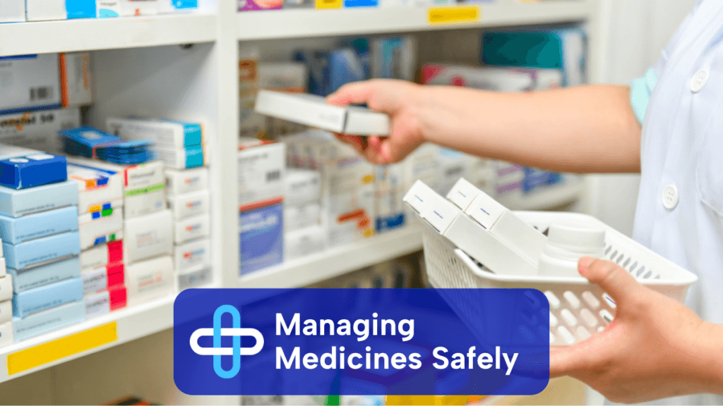 A dispenser collect medicines items from a tidy shelf to prepare a prescription. Text overlay with Wellway and Central Pharmacies logo reads 'Managing Medicines Safely'.