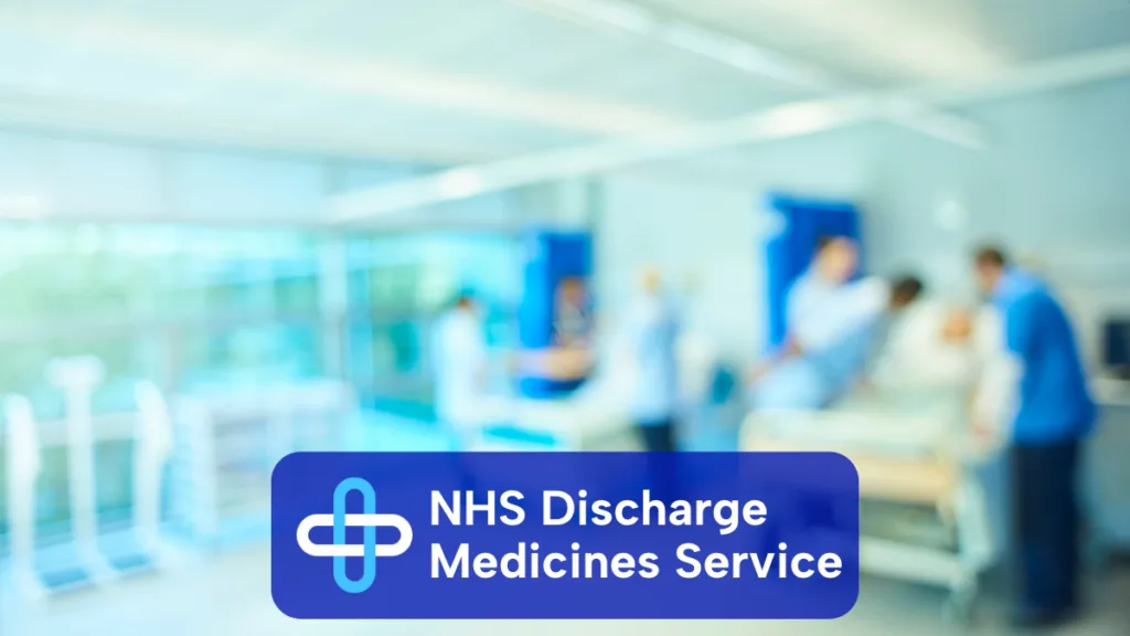 A blurred image of a hospital ward with staff around patient's bedsides. A text overlay with Wellway & Central Pharmacies Logo and text 'NHS Discharge Medicines Service'.