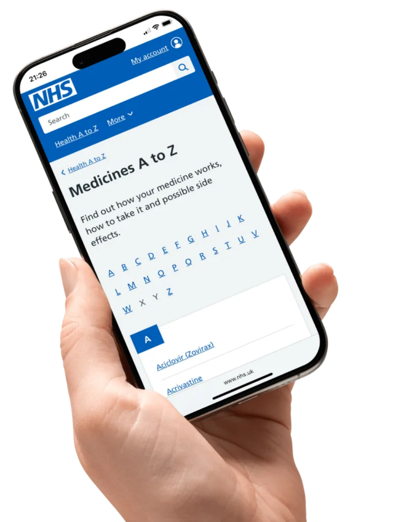 NHS Medicines A-Z Mockup A hand holding a mobile phone with the NHS Medicines A-Z webpage loaded.
