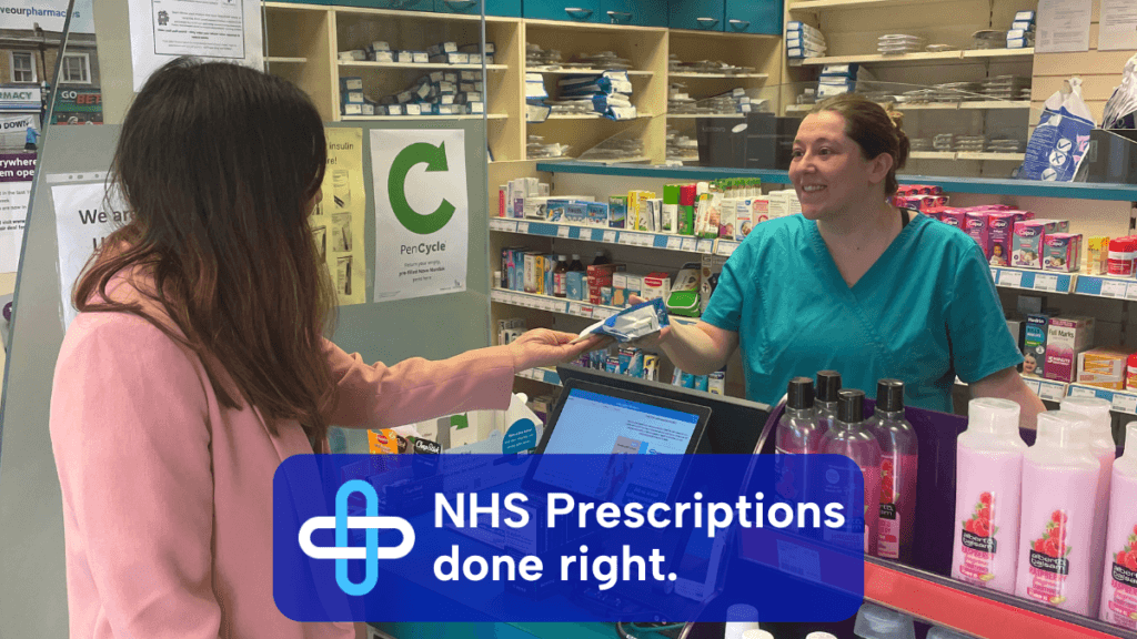 NHS Prescripions Done Right: pharmacy technician Emily is handing out a prescription to a customer whilst smiling.