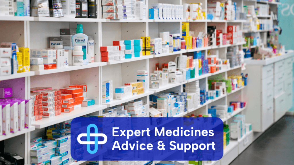 An image of pharmacy shelves stocked with various medicines and bottles. A text overlay with wellway and central pharmacies logo says 'Expert Medicines Advice & Support'.