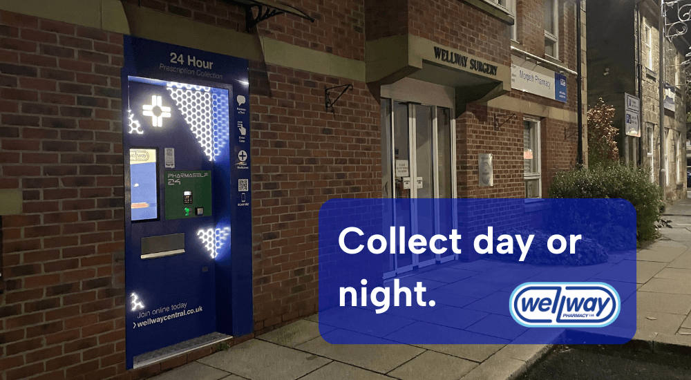An image of Wellway Pharmacy Morpeth & Wellway Surgery at dark with the automated collection point glowing with the touch screen lit up. A text overlay reads 'Collect day or night' with the Wellway Pharmacy logo.