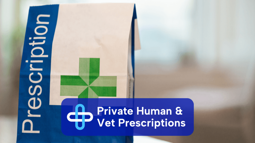 Private Human & Vet Prescriptions: image of prescription bag in the foreground, with a blurred background.
